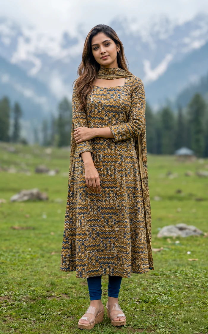 Kalamkari Cotton Printed Straight Kurti Set – Mustard Yellow & Blue
